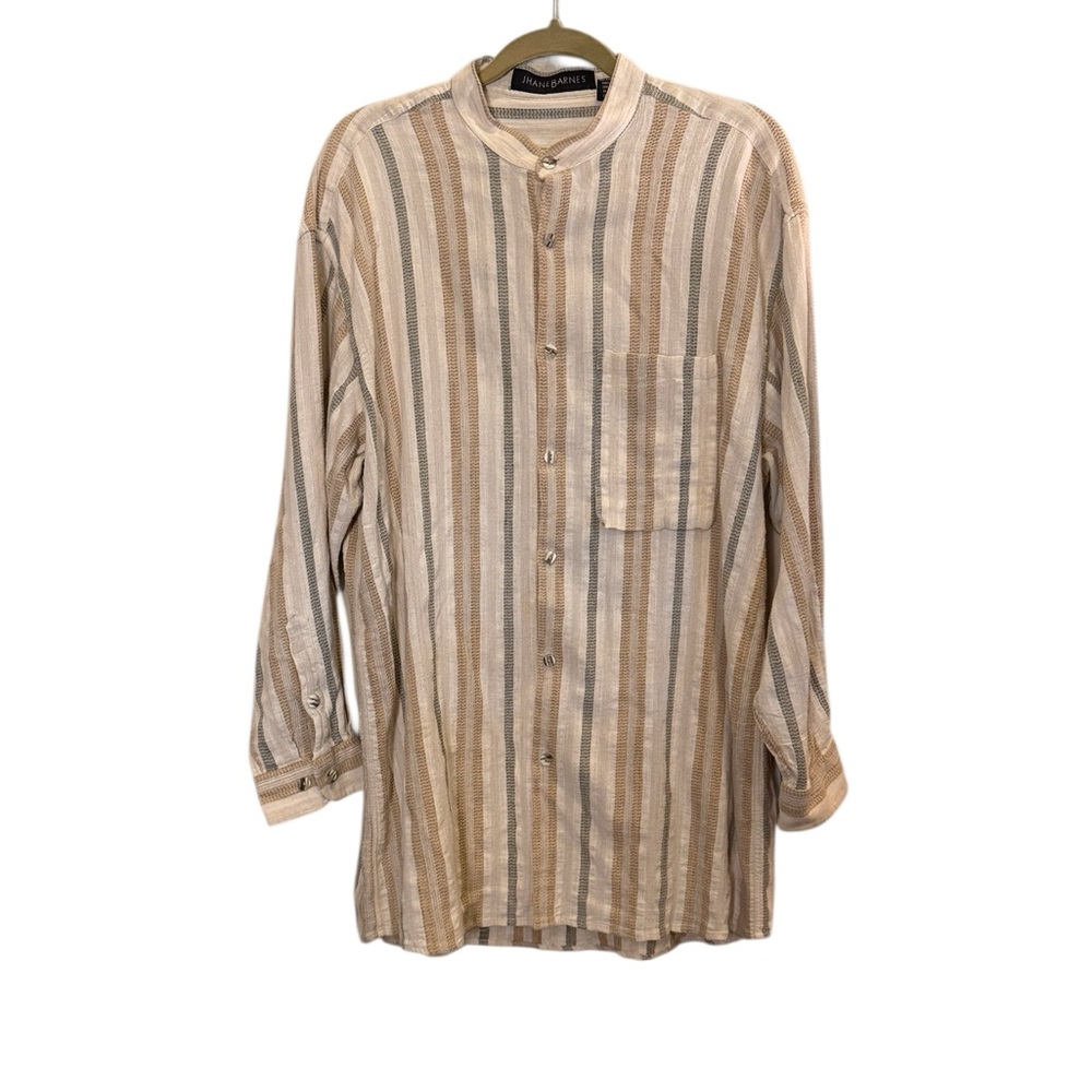 Jhane Barnes Linen Cotton Natural Long Sleeve Collarless Shirt sz XL
